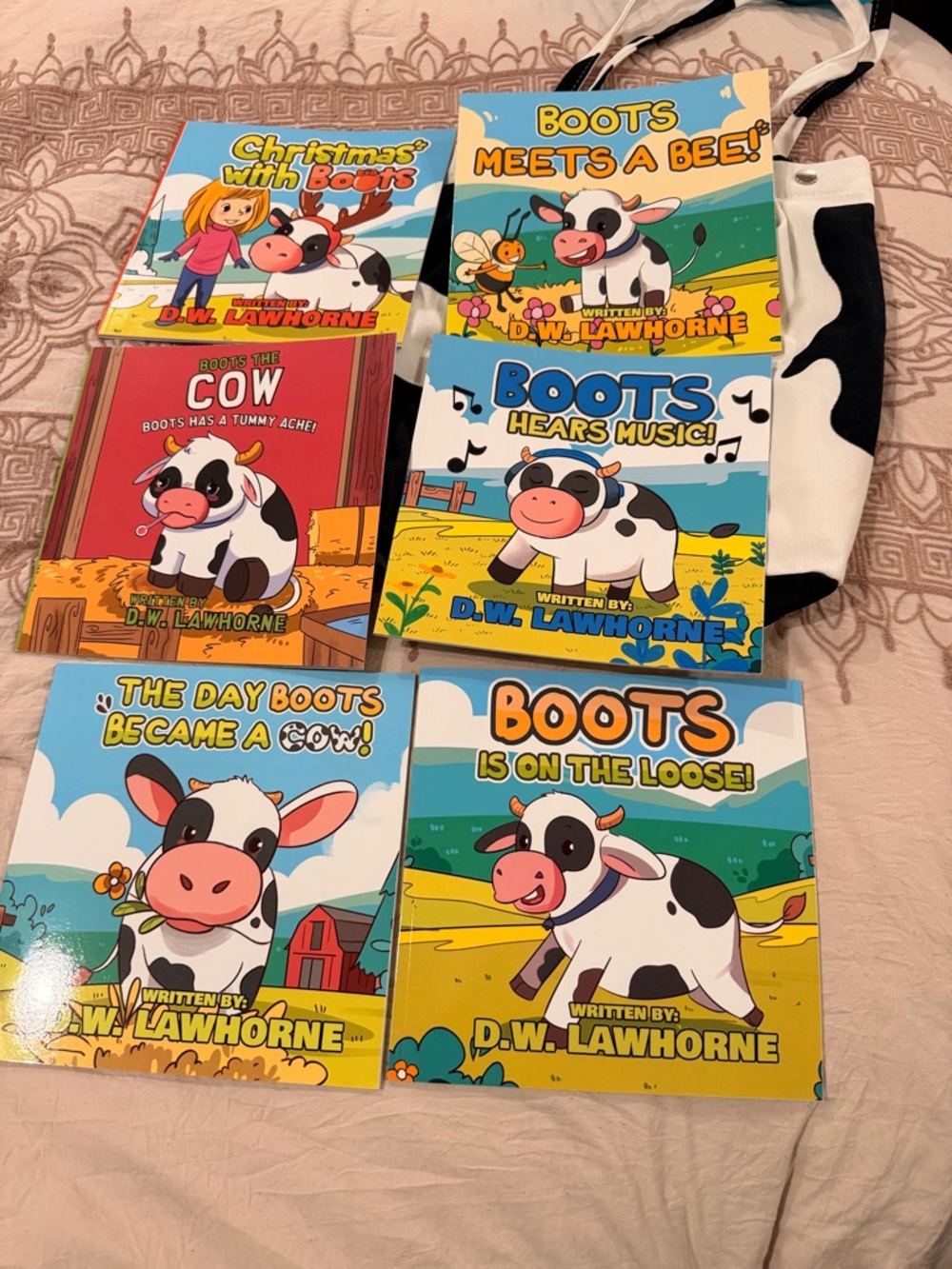Boots Cow Kids Book Set - Colorful Blue & Yellow Covers with book tote bag